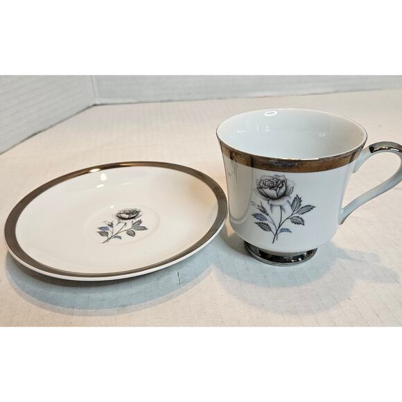 Teacup and Saucer Royal Song Fine China "Moonlight Rose" 1960's Black Gray Rose - Picture 2 of 10